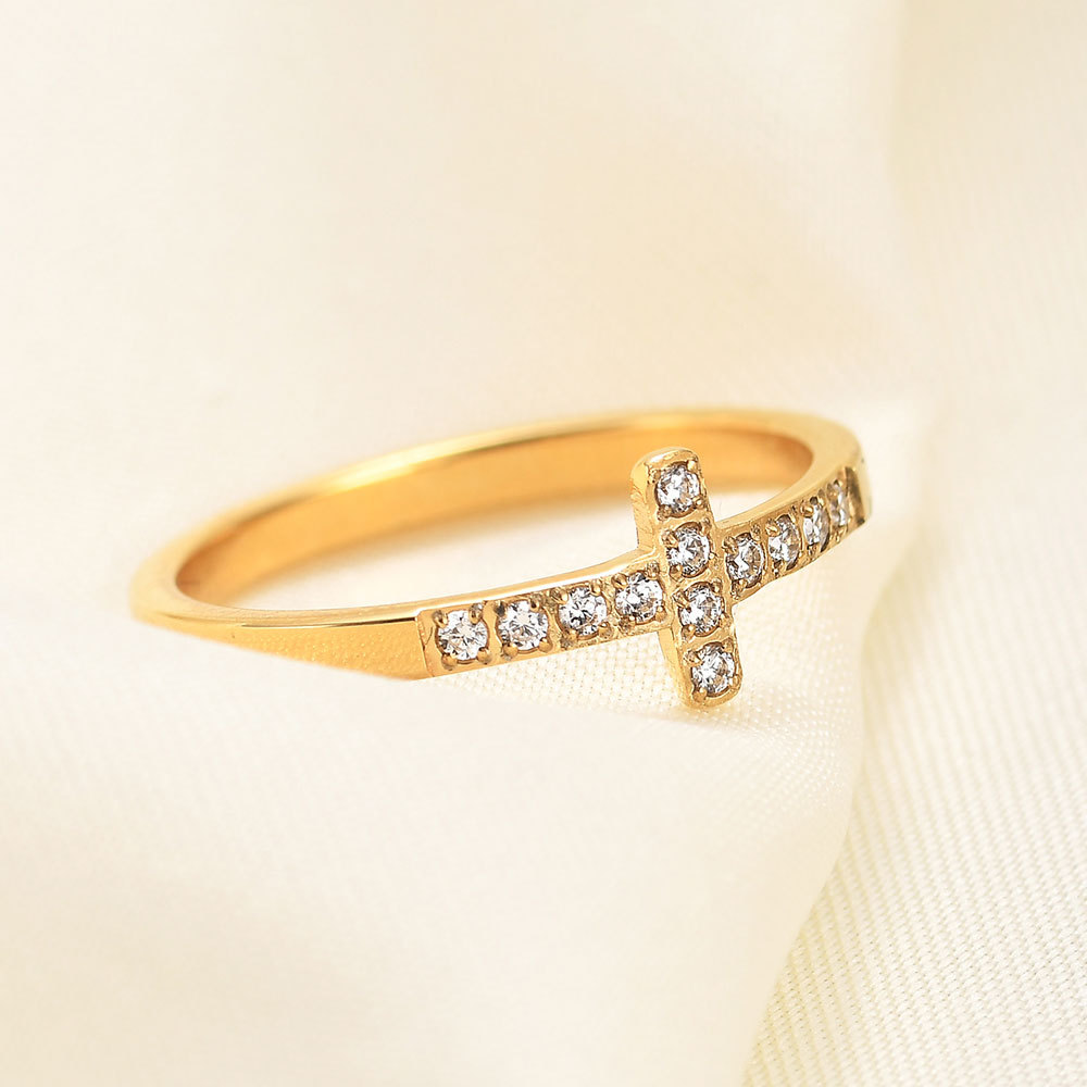 European and American cross-border minimalist and unique 7MM stainless steel titanium steel diamond-encrusted cross ring, elegant and versatile, best-selling jewelry. - Image 3