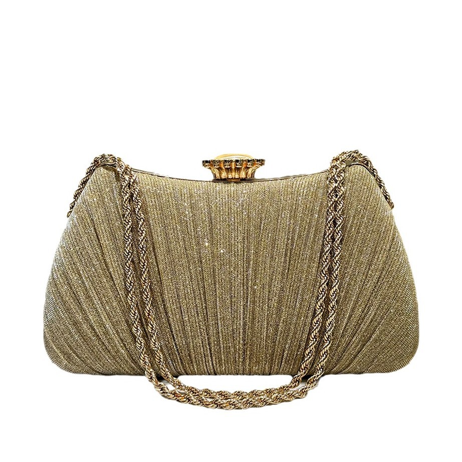 Gold glitter pleated chain decoration handbag evening bag women's fashionable and elegant handbag evening bag - Image 5