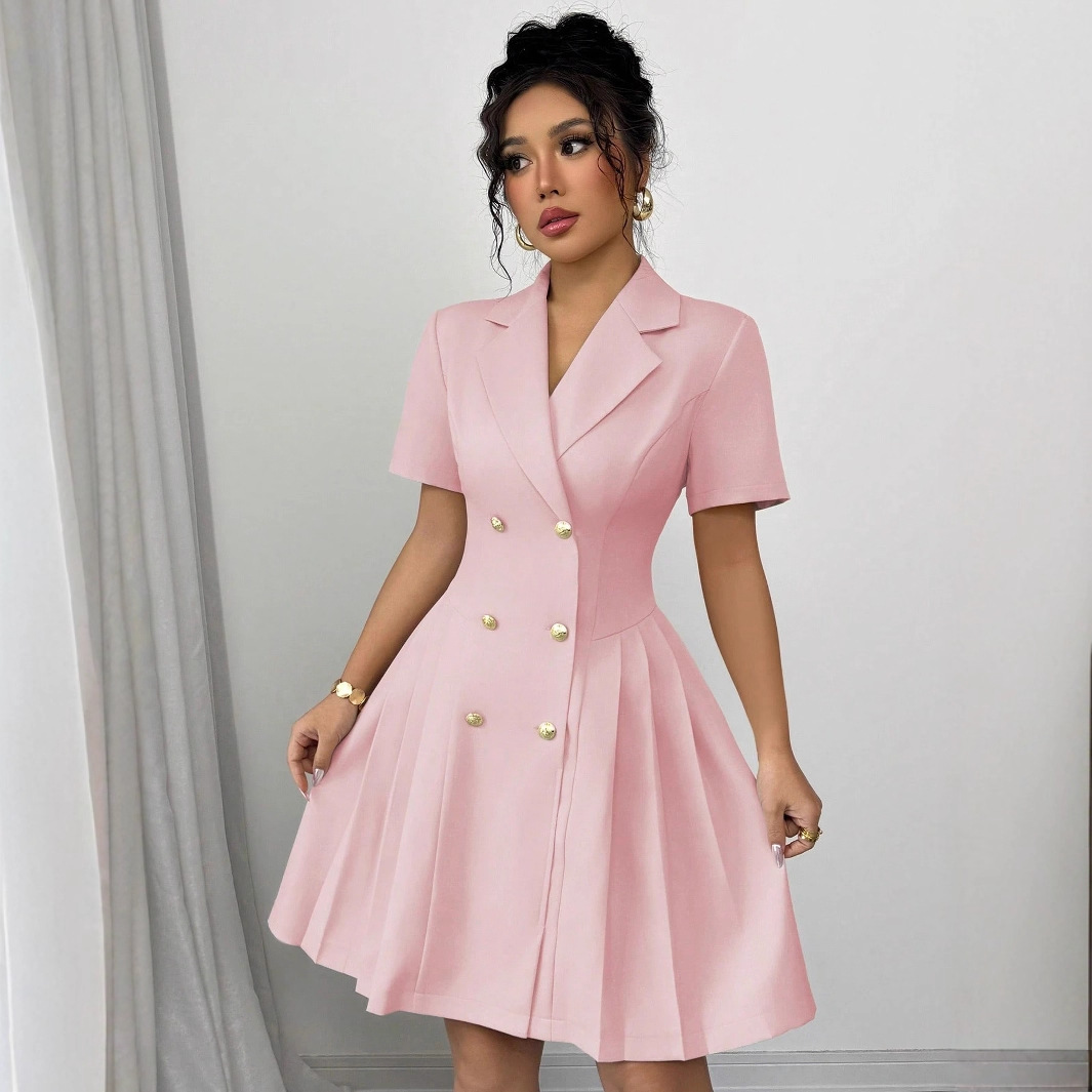 2025 Amazon AliExpress Summer New Solid Color Short-Sleeve Slim Waist Double-Breasted Dress for Women - Image 4