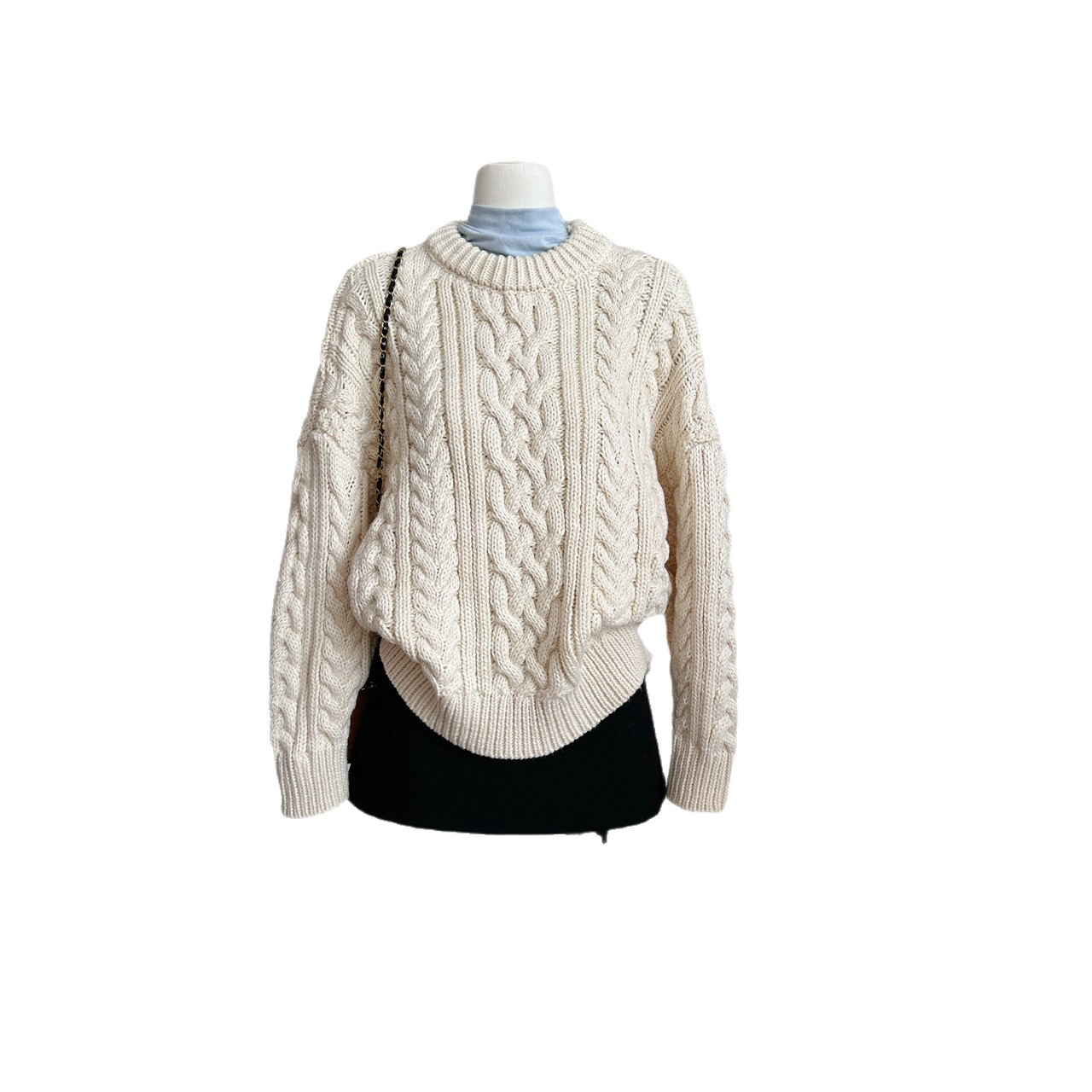 Loose-fitting retro design, thick and warm chunky knit cable knit crew neck pullover long-sleeved sweater - Image 5