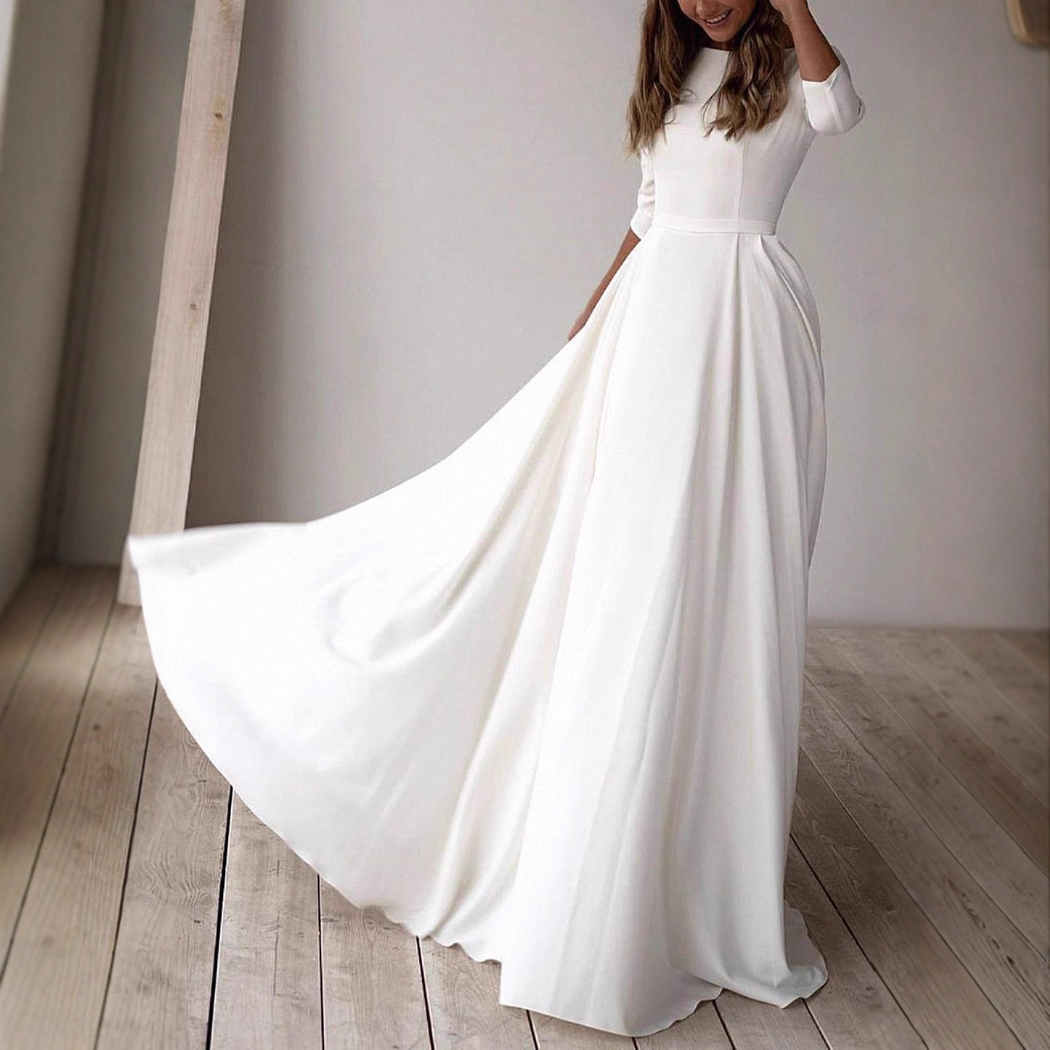2025 New Simple Long-Sleeved Bridal Travel Photography Long Light Wedding Dress White Round Neck Long Dress Popular Multi-Color Dress - Image 4