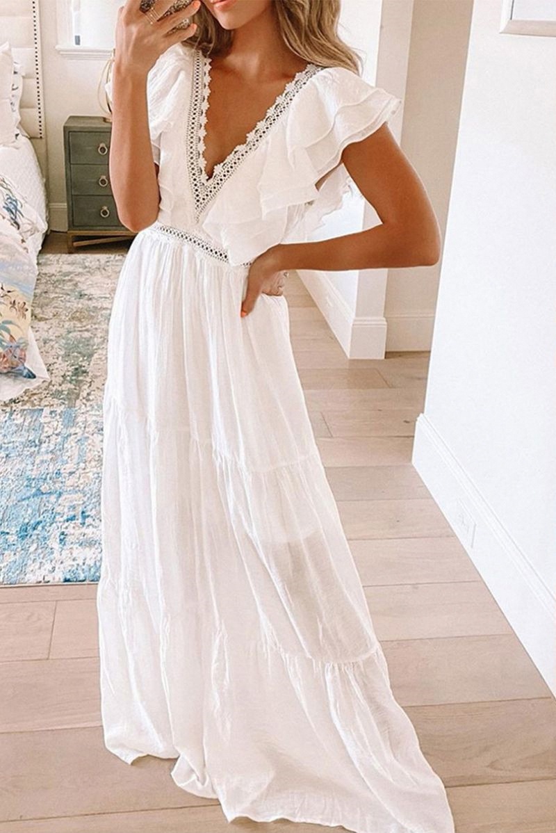 2021 European and American spring and summer new short-sleeved dress for women Amazon foreign trade white lace V-neck long dress - Image 2