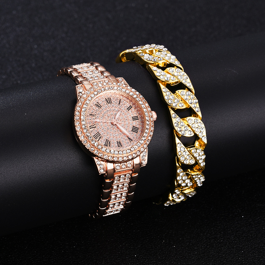 Roman literal steel belt watch full of diamonds starry temperament business quartz watch hip-hop style full diamond bracelet set - Image 6