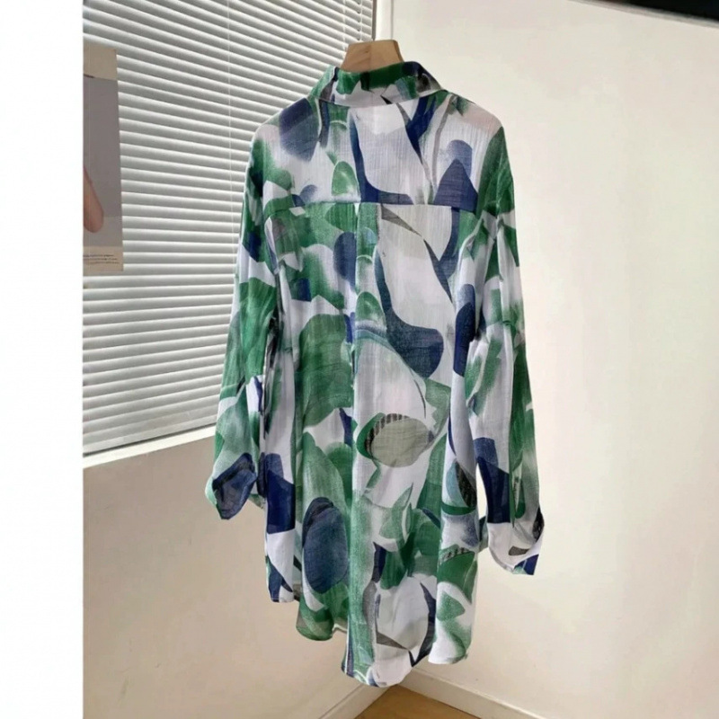 Amazon mid-length loose chiffon blouse with green and blue color blocking abstract print, lightweight and breathable, 2026 European and American cross-border style. - Image 2