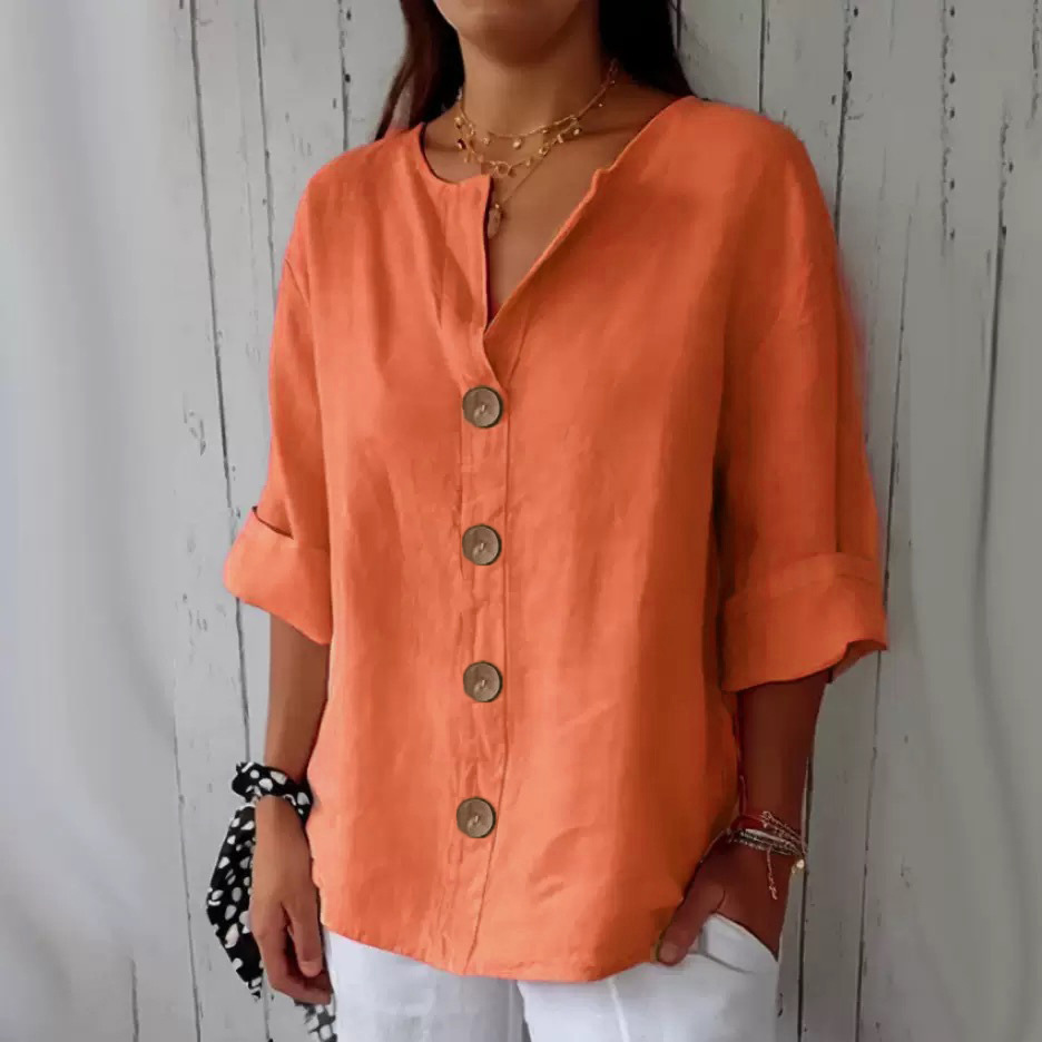 Amazon 2025 Cross-border European and American Summer New Style Foreign Trade Loose-fitting V-neck Cotton Linen Button T-shirt Top - Image 13