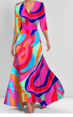 2025 European and American foreign trade Amazon fashion elegant temperament V-neck women's printed tie-waist full skirt dress - Image 12