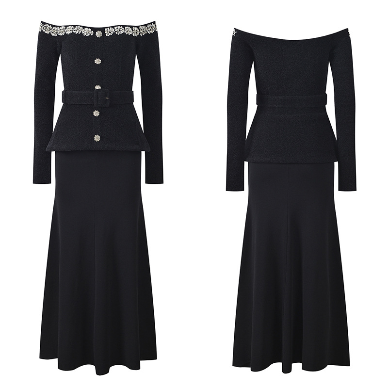 2025 autumn and winter new French lady one-shoulder diamond decoration waist slim long dress banquet dress long skirt - Image 4