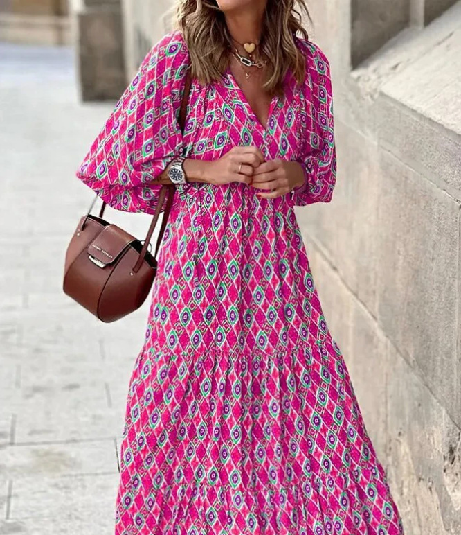 Cross-border European and American plus-size ladies loose-fitting Bohemian round-neck lantern-sleeve sweet girl dress - Image 7