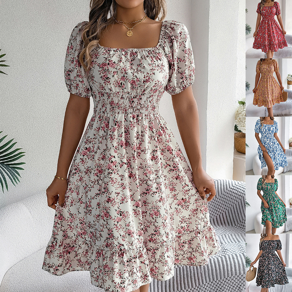 Real shot of 2026 Spring/Summer European and American style floral square neck short-sleeved fitted waist ruffle A-line skirt. Amazon cross-border women's clothing.