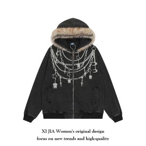 American retro subculture fur collar sweatshirt for men and women 2025 autumn new loose casual design jacket