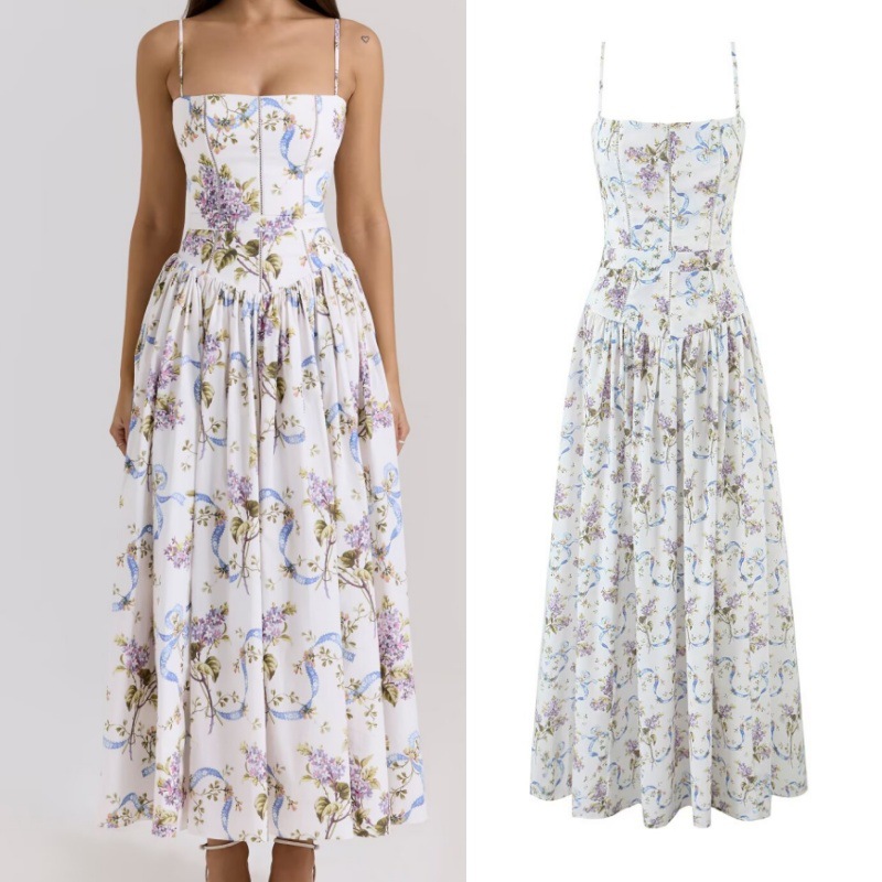 House style, wholesale export, French fresh and gentle vacation style floral maxi dress with waist-cinching suspenders - Image 4