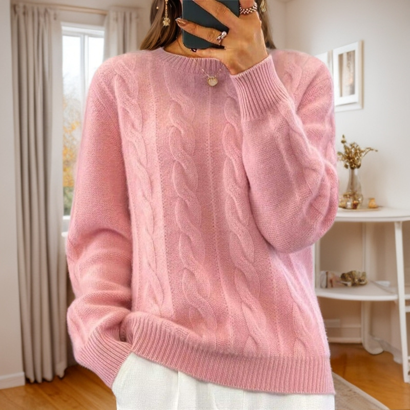 Foreign trade women's clothing 2024 autumn and winter new casual round neck solid color knitted sweater top retro twist pullover sweater for women - Image 2