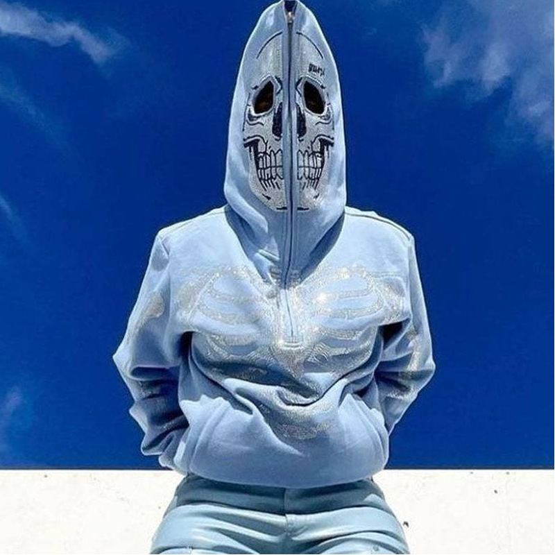 2022 AliExpress New Ladies Street Hoodie Skull Rhinestone Zipper Hooded Hoodie - Image 23