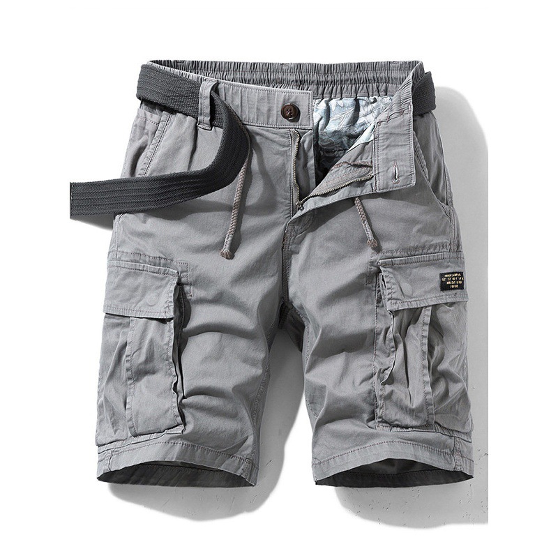 Men's high-end pure cotton work shorts, summer loose fit, multi-pocket elastic waist with drawstring belt, versatile casual five-point pants - Image 3