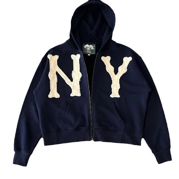 2024 European and American cross-border spring and summer new wholesale embroidered hooded cardigan full chain loose men and women trendy sweater jacket - Image 5