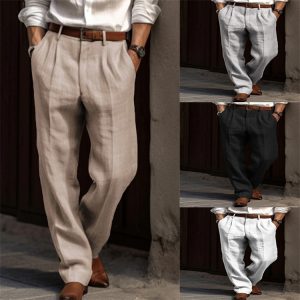 Men's Linen Trousers Double Pleats Front Pockets Straight Solid Color Comfortable Breathable Casual Daily Vacation Cotton Blend Fashion Base