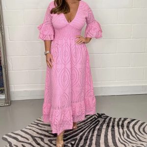 2023 Amazon wish independent station cross-border explosive women's comfortable loose high-waist embroidered solid color V-neck dress