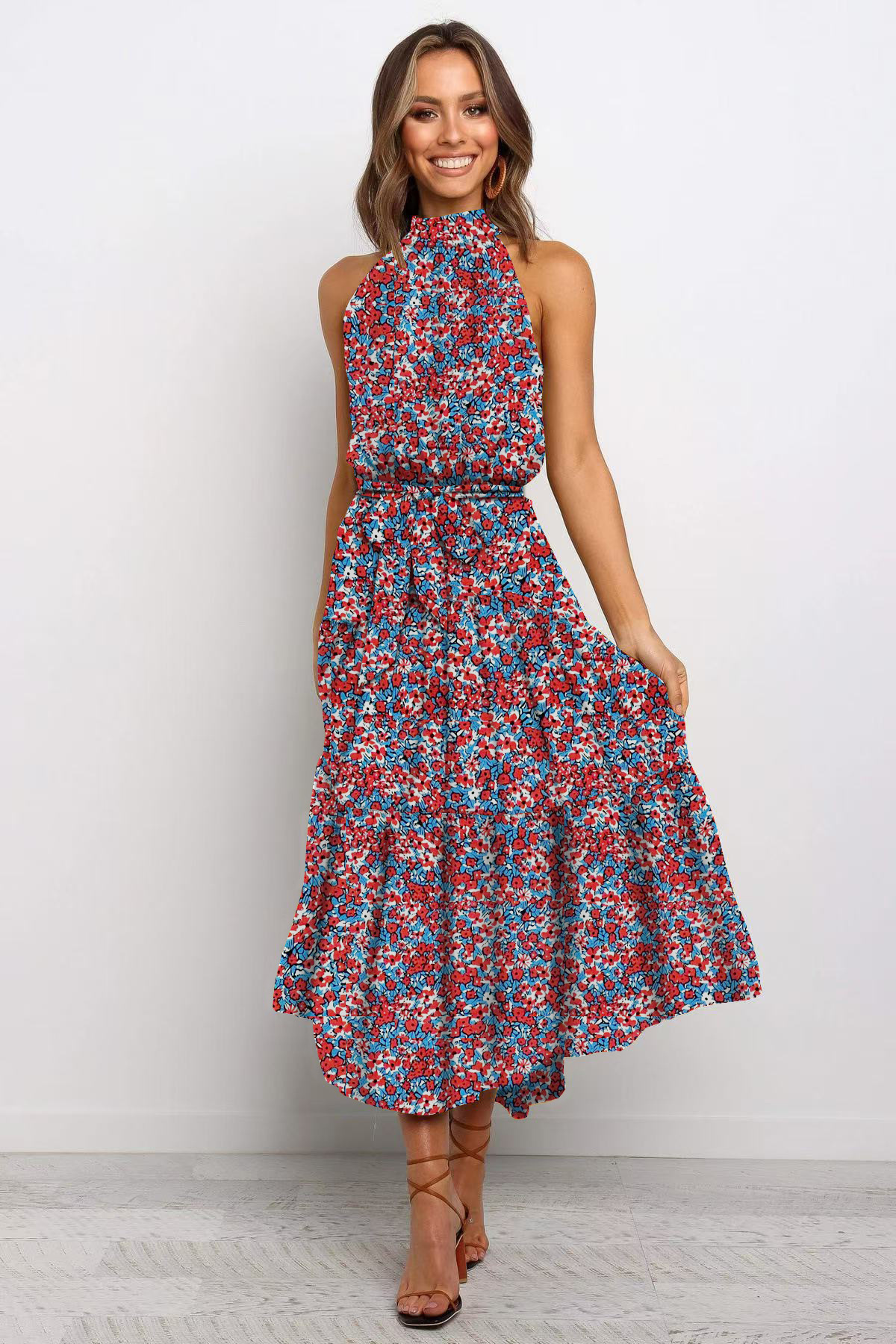 2025 European and American cross-border Amazon women's long skirt foreign trade hot-selling new halter neck polka dot print lace-up dress - Image 6