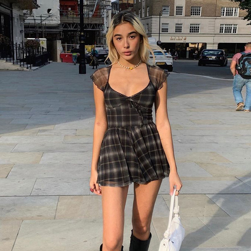 Fashion trend 2021 European and American style foreign trade spring and summer new products women's sexy slim plaid square neck dress women - Image 5