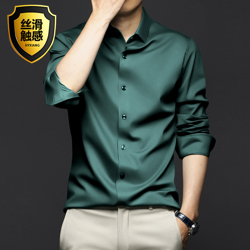 Spring and summer men's long-sleeved shirt anti-wrinkle and non-ironing professional formal wear trendy business high-end ice silk shirt black inch shirt - Image 6
