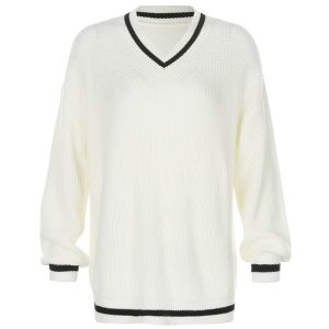 Women's Contrast-Color Long-Sleeve Knit Sweater