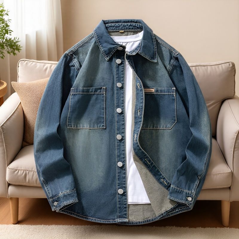 Men's Denim Shirt, Loose Fit, Casual Long-Sleeved Shirt, American Style, New Retro Washed Top/Jacket - Image 2