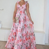 New European and American cross-border trade fashion printed back tie dress, waist-revealing lace-up slim-fitting elegant long dress