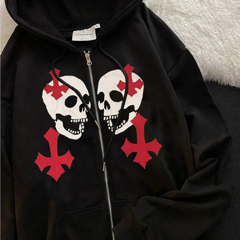 New arrival Skull Wings Hooded Zipper Sweatshirt Women Korean Style Plus Velvet Thickened Loose Sports Cardigan Sweatshirt Women - Image 22
