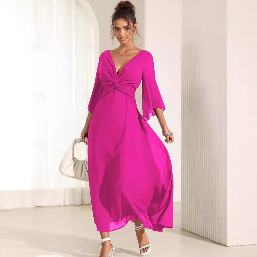 2024 Cross-Border Amazon Temu Solid Color V-Neck Flared Sleeve Maxi Dress Party Dress 3/4 Long Sleeve - Image 4