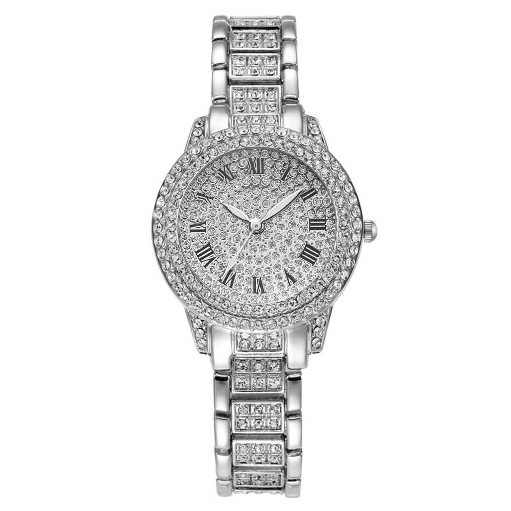 Roman literal steel belt watch full of diamonds starry temperament business quartz watch hip-hop style full diamond bracelet set - Image 8