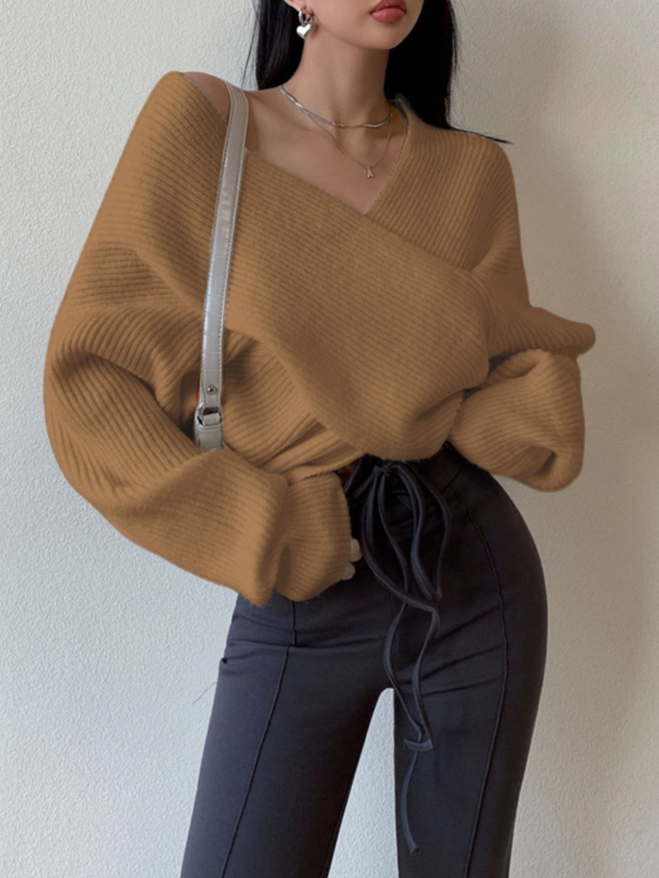 European and American cross-border autumn and winter off-shoulder crossover irregular sweater women's new loose short base knitwear - Image 10