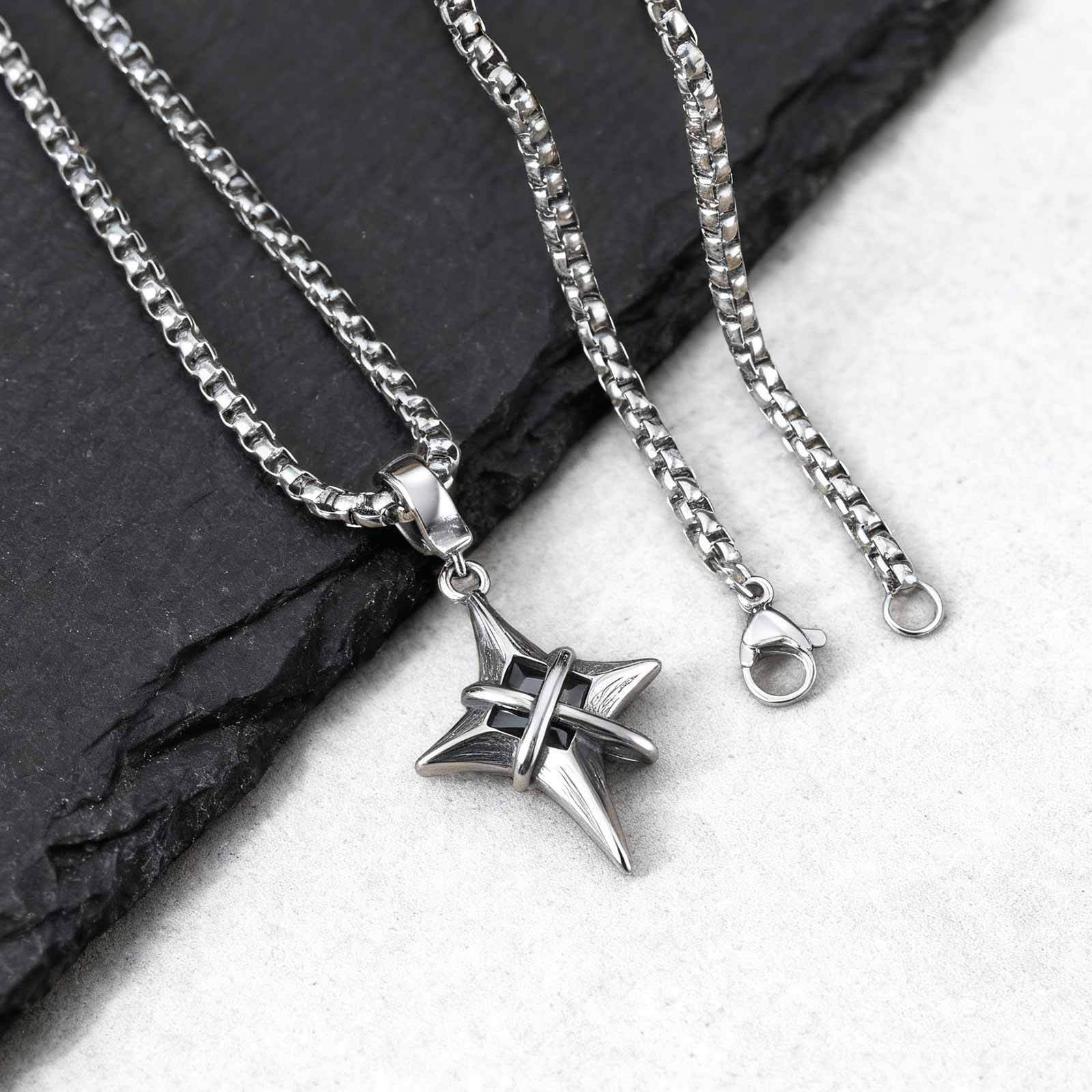 European, American, Japanese, and Korean nightclub/bar hip-hop personalized stainless steel four-pointed star pendant with black zircon, steel color PN-2316 - Image 2