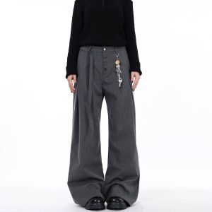 American-style Cleanfit pleated striped casual pants for men and women, unique design with buckle belt, versatile straight leg trousers, trendy.