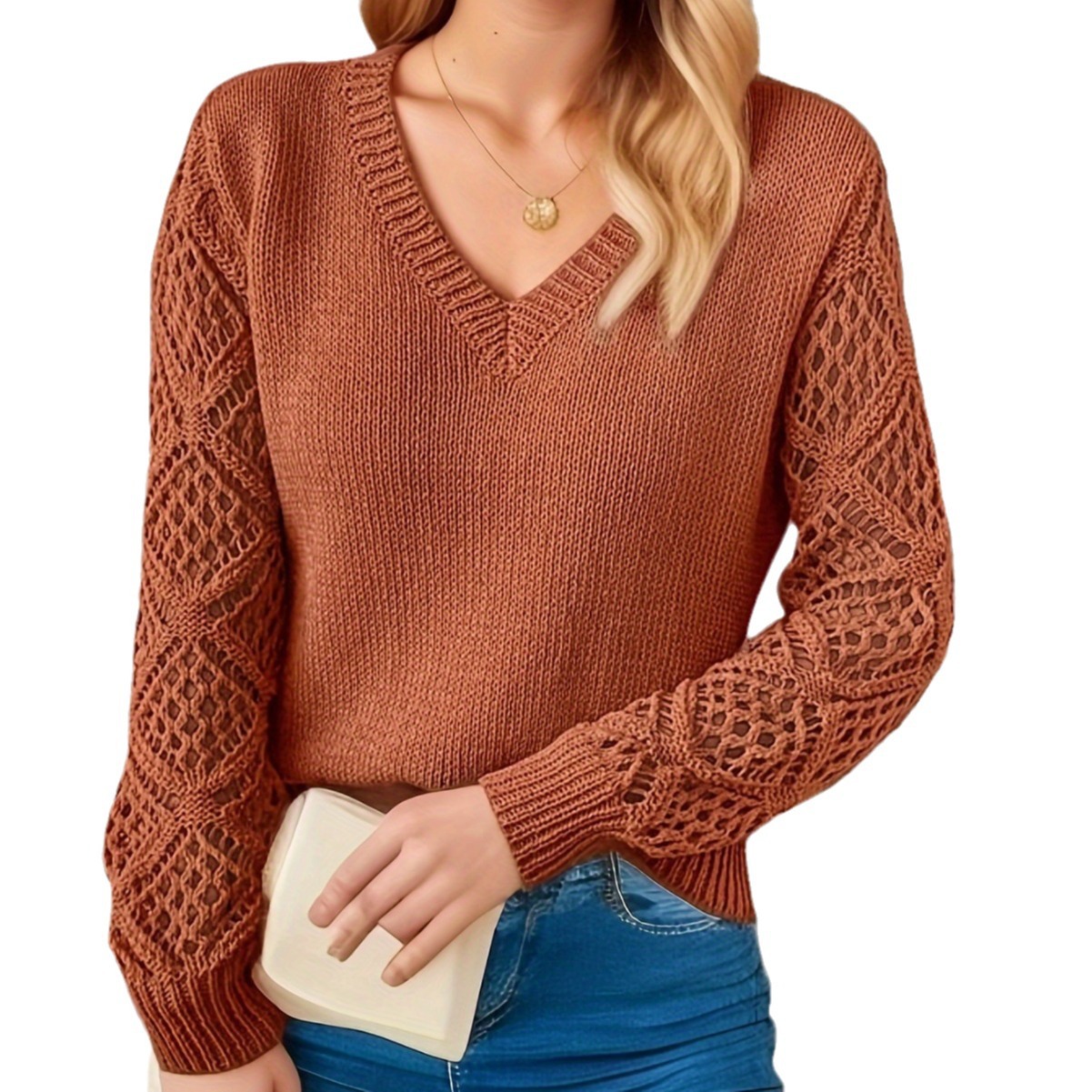 Spring and Autumn Outerwear Hollow-out Knit Sweater Women's Pullover Long Sleeve Crochet Jacquard Loose V-neck Base Top Cross-border - Image 5
