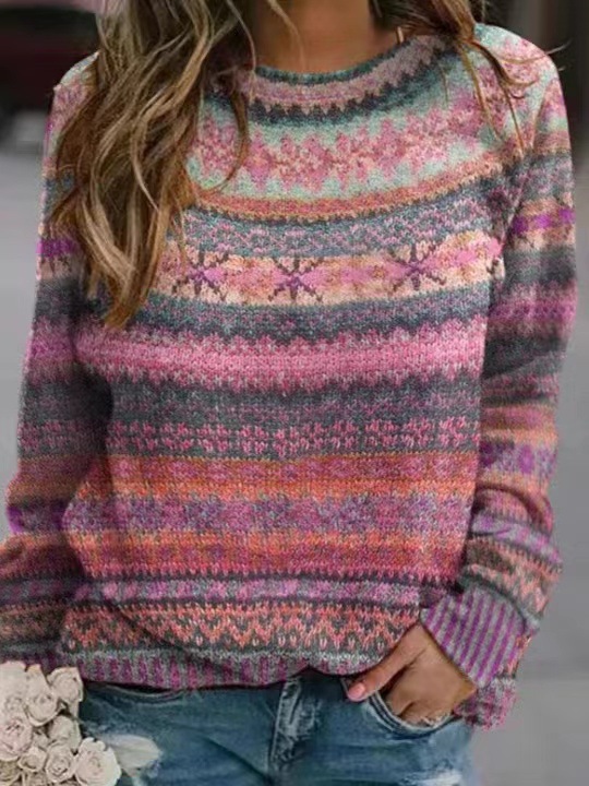 Amazon European and American new sweater women's wish hot sale round neck color matching loose fashion pullover sweater - Image 40