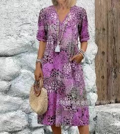 2025 European and American Fashion Cross-border New Casual Vacation Long Dress with Pockets and Lace Trim V-neck Short Sleeve Dress for Women - Image 6