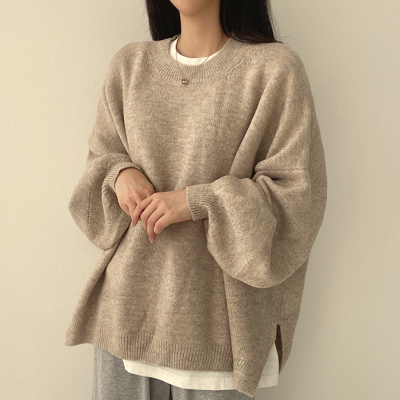 chic autumn and winter French lazy style round neck side slit loose casual versatile long sleeve warm knitted sweater - Image 2