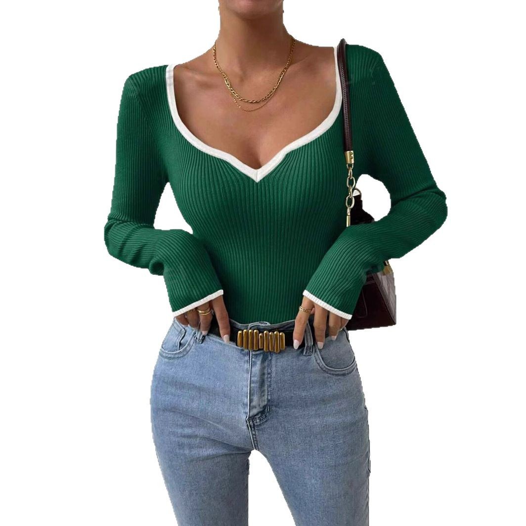 New European and American style V-neck striped knit base layer top, slim fit, sexy solid color, fashionable and versatile women's sweater. - Image 5