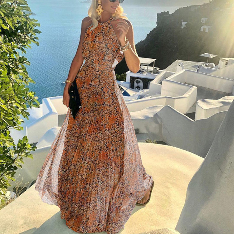 2021 European and American foreign trade new style round neck sleeveless printed pleated dress women's dress long skirt - Image 6