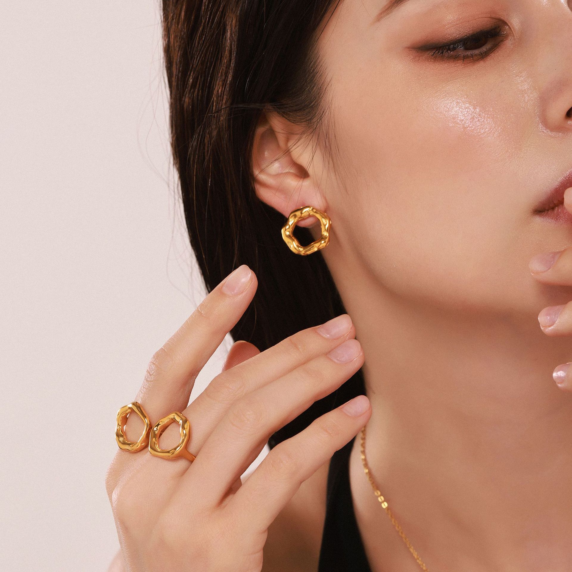 Sugar cube personalized minimalist geometric irregular earrings and rings, stainless steel gold-plated jewelry for women, colorfast. - Image 2