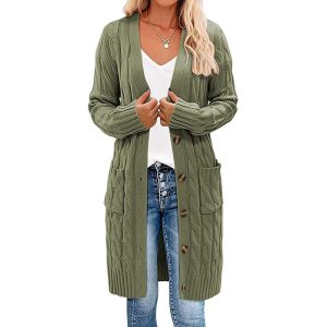Women's Long Cable-Knit Cardigan with Pockets