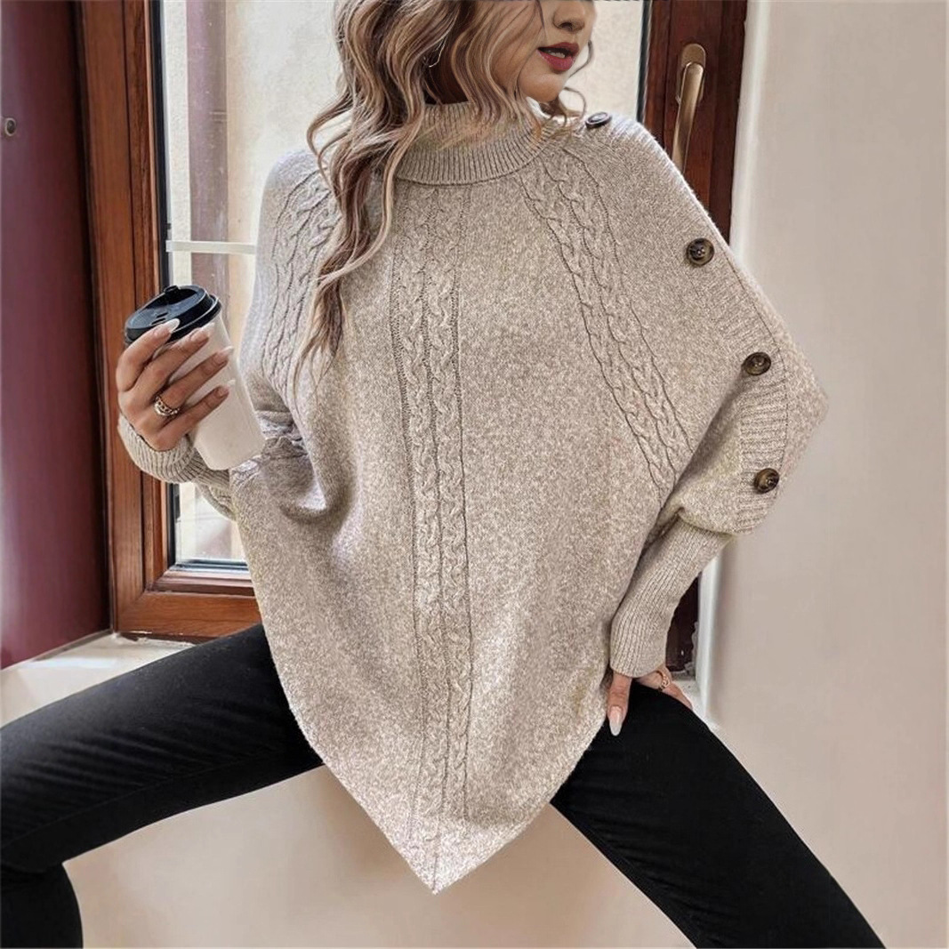 European and American style autumn/winter cable knit women's sweater, Amazon cross-border fashion high neck button decoration long sleeve batwing sweater - Image 4