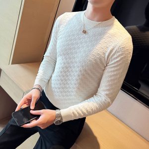Men's Knitted Sweater Thick Round Neck Pullover Woven Jacquard High Texture Sweater Slim Elastic Knit Top Wholesale