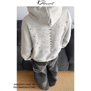 American-style heavyweight Cleanfit retro beaded embroidered hooded fleece sweatshirt for men and women, loose-fitting casual top.