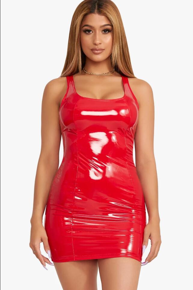 2022 color imitation leather dress zipper PU high elastic round neck one-piece short skirt four-sided elastic leather skirt package hip skirt - Image 6