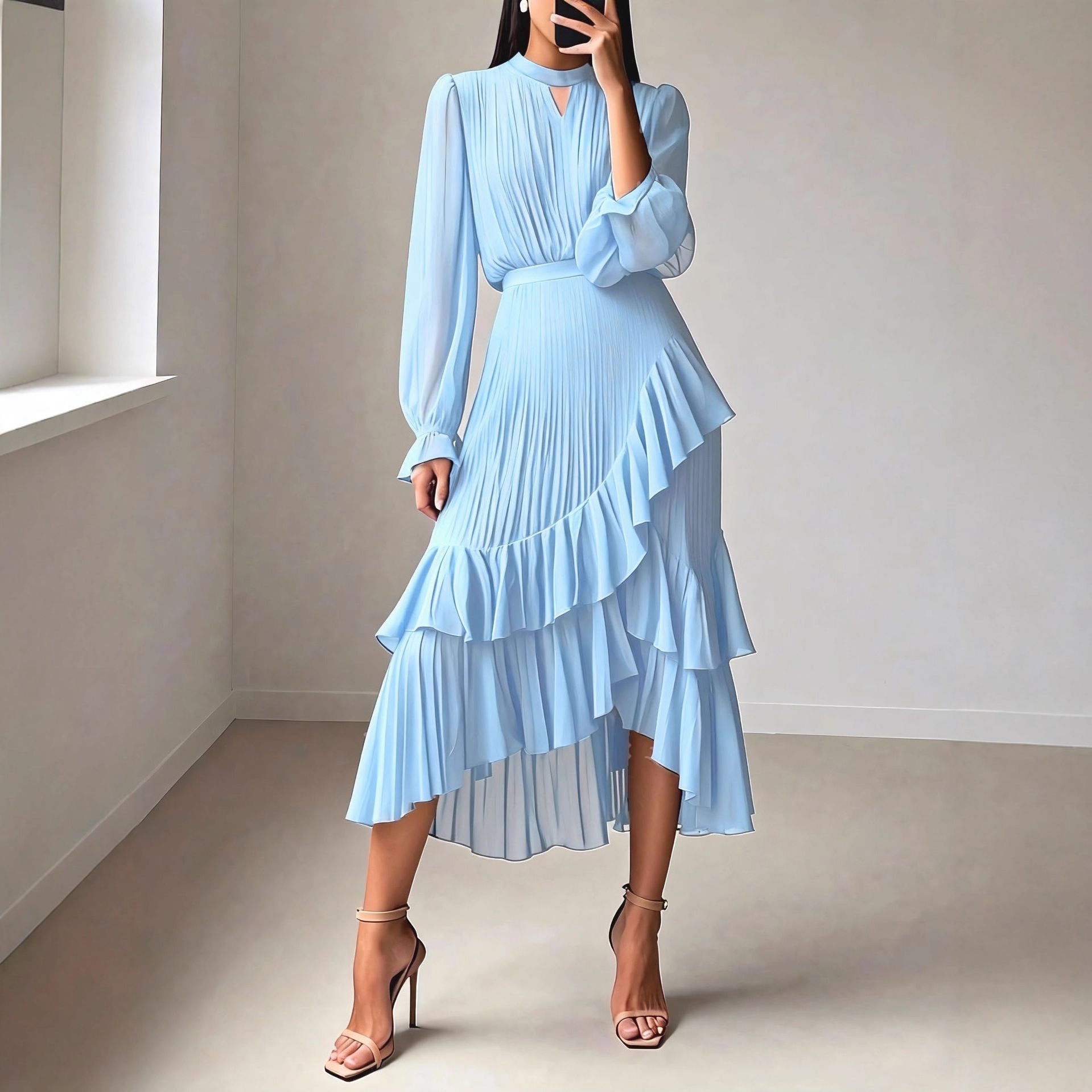 2025 European and American cross-border new solid color dress, Middle Eastern foreign trade ruffled pleated dress, midi skirt, Amazon. - Image 4