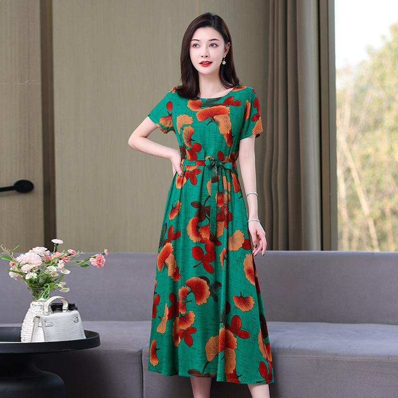 Artificial cotton silk dress women's clothing 2023 summer new middle-aged mother mid-length over-the-knee plus-size loose skirt - Image 3