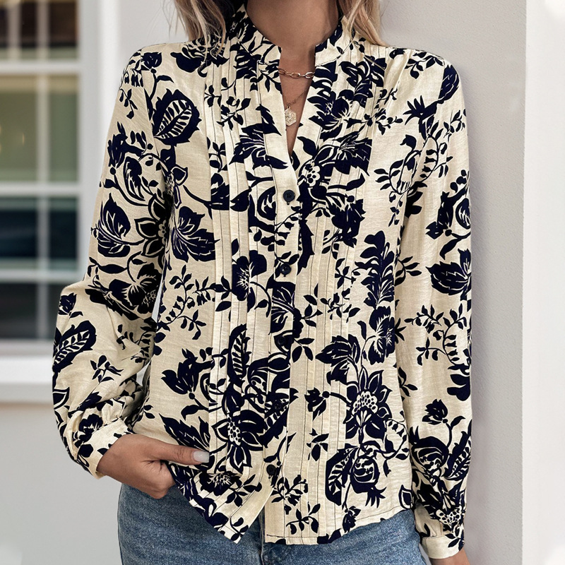 Amazon cross-border e-commerce, new autumn retro print shirt with stand collar, elegant and stylish women's shirt top. - Image 3