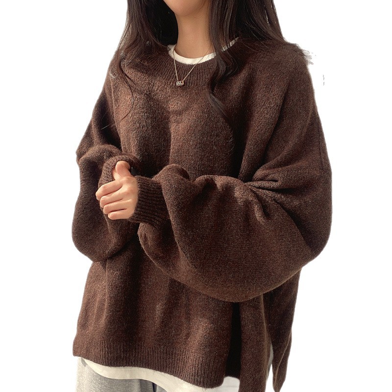 chic autumn and winter French lazy style round neck side slit loose casual versatile long sleeve warm knitted sweater - Image 5