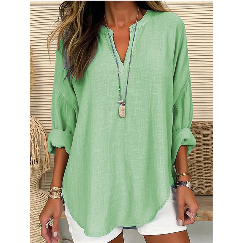 2023 cross-border foreign trade Europe and America hot-selling women's autumn and winter V-neck cotton and linen pure large size shirt - Image 8